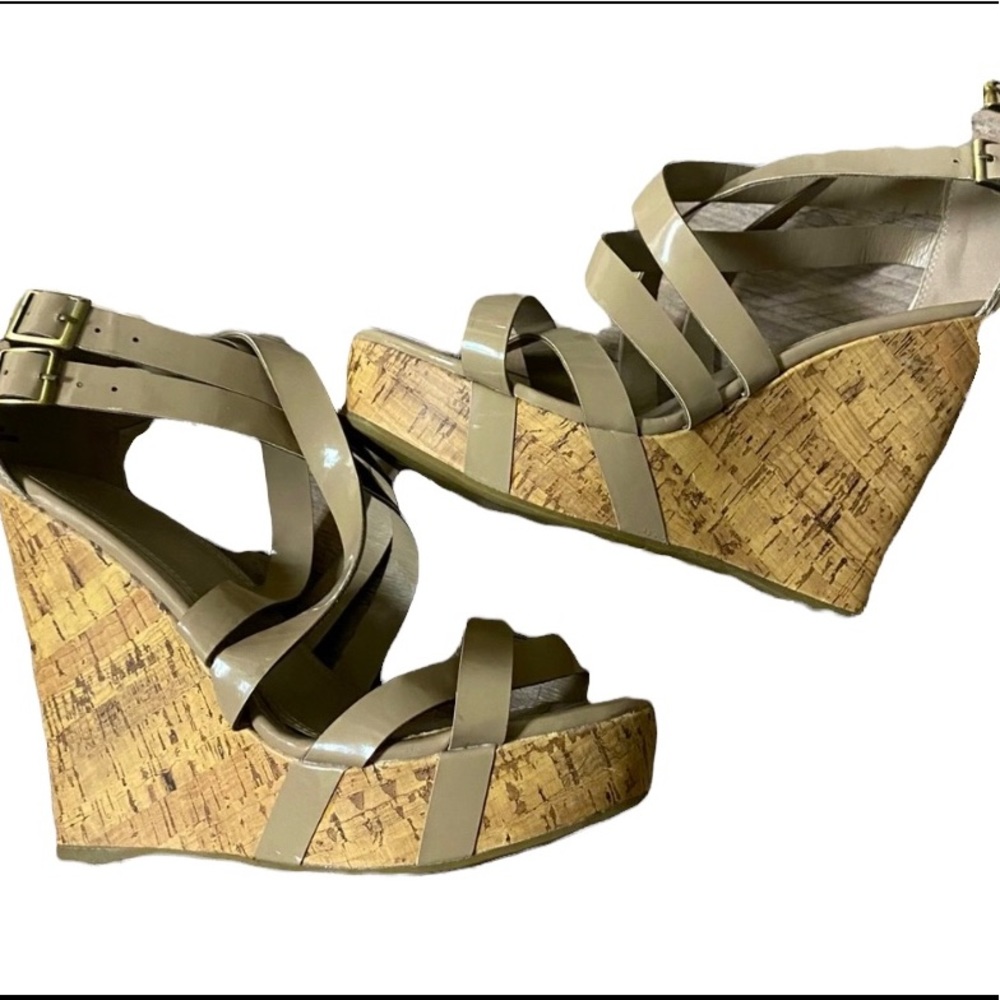 Cathy Jean Strappy Tan Cork Wedges Size 8.5